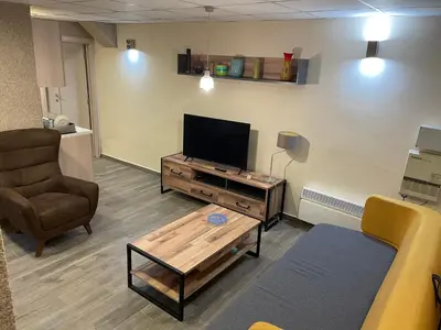 a living room with a tv and a couch and a chair at Ribnica in Podgorica