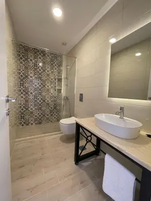 a bathroom with a sink and a toilet and a shower at Belami luxury apartments in Ulcinj