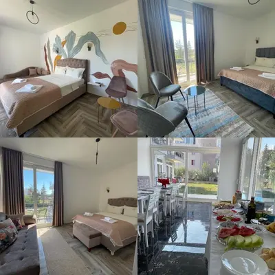 a collage of photos of a hotel room at Belami luxury apartments in Ulcinj
