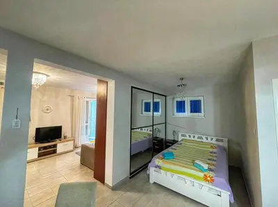 a bedroom with a bed and a tv in a room at Apartman M&U in Petrovac na Moru