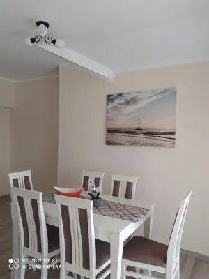 a dining room with a white table and chairs at Apartman Andjela in Kavač