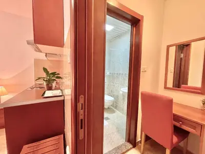 a kitchen with a sink and a bathroom with a shower at Apartments Boreta Becici in Budva