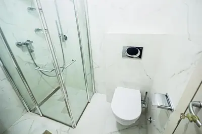 a bathroom with a shower and a toilet at Miramare Apartments Pržno in Pržno