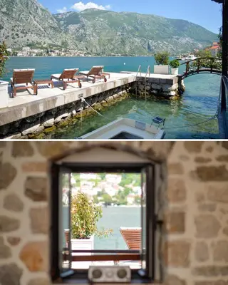 two pictures of a window with a view of the water at SEASIDE HOUSE KOTOR in Kotor