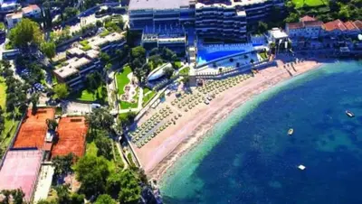 an aerial view of a beach and the ocean at Beauty apartment in Blue star complex Pržno Montenegro in Pržno