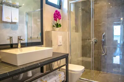 a bathroom with a sink and a shower and a toilet at APARTMENTS MERLIN in Dobra Voda