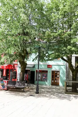 a street light in front of a building with trees at Green House in Cetinje