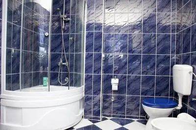 a blue tiled bathroom with a toilet and a sink at Green House in Cetinje