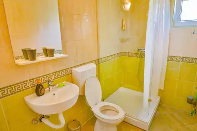 a bathroom with a toilet and a sink and a shower at VIVANA HOUSE in Bar, Susanj