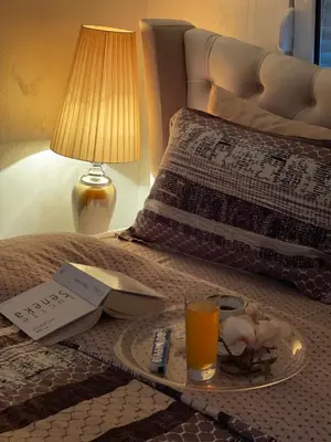 a tray with a glass of orange juice on a bed at Beautiful House Lara in Kotor