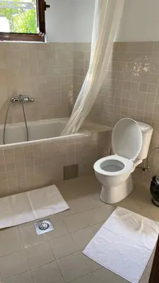 a bathroom with a toilet and a bath tub and a sink at House in the Mountains near Budva in Budva