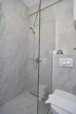 a bathroom with a glass shower with a toilet at Verbalj apartment with swimming pool in Kotor