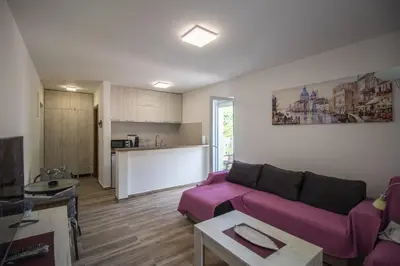 a living room with a purple couch and a kitchen at Studio Apartment Urke in Budva