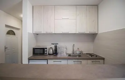 a small kitchen with a sink and a microwave at Studio Apartment Urke in Budva