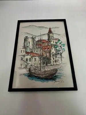 a drawing of a boat in front of a castle at Vikendica,Bungalovi Lipska pećina in Cetinje