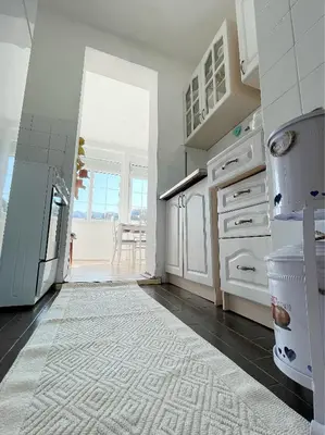 a kitchen with white cabinets and a rug on the floor at Ivana in Rijeka Crnojevića