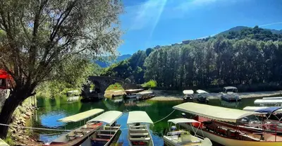 a bunch of boats are docked in a river at Ivana in Rijeka Crnojevića