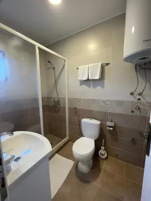 a bathroom with a toilet and a shower and a sink at Luna Apartments in Budva