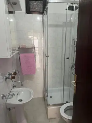 a bathroom with a shower and a sink and a toilet at Imperator Apartments in Ulcinj