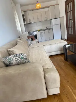 a living room with a couch and a kitchen at Apartment Vesna City PG in Podgorica