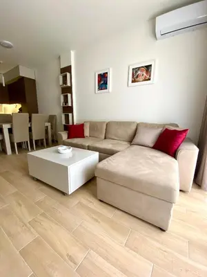 a living room with a couch and a coffee table at E3 Apartment in Budva