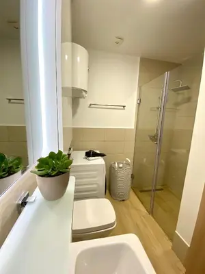 a bathroom with a toilet and a sink and a shower at E3 Apartment in Budva