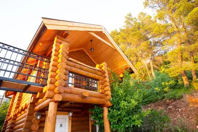 a log cabin with a porch and a balcony at VILA TARA in Sutomore