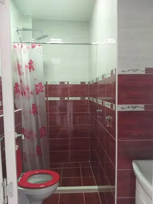 a bathroom with a red toilet and a shower at Helena Apartment in Ulcinj