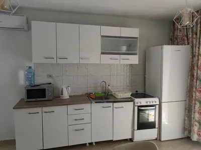 a kitchen with white cabinets and a white refrigerator at DUBRAVA 115 in Dobra Voda