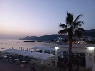 a building with a palm tree next to a beach at DUBRAVA 115 in Dobra Voda