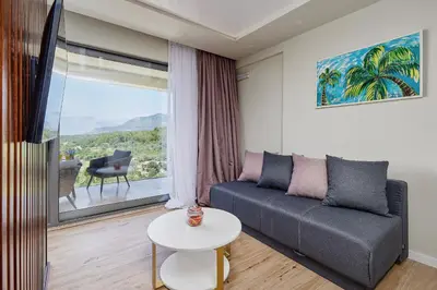 a living room with a couch and a large window at Przice Gardens Apartment with Pool in Kotor
