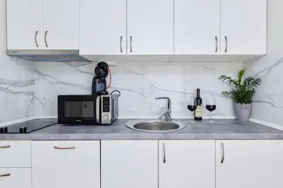 a kitchen counter with a microwave and a sink at Przice Gardens Apartment with Pool in Kotor
