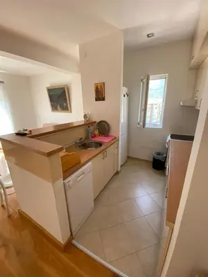 a kitchen with a sink and a refrigerator at Stan Budva Apartman in Budva