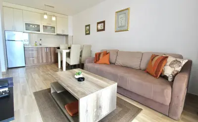 a living room with a couch and a table at 1bd Sea View Apts Veliki Pjesak 