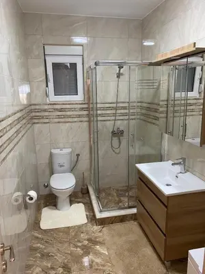 a bathroom with a shower and a toilet and a sink at Viola Apartmanházak Family Apartman in Donji Susanj