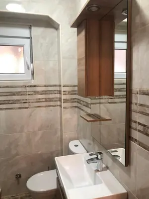 a bathroom with a sink and a toilet and a mirror at Viola Apartmanházak Family Apartman in Donji Susanj