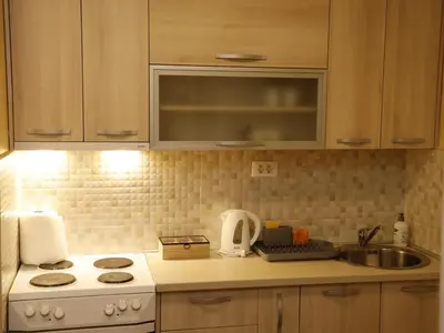 a kitchen counter with a sink and a stove at Apartment Mona in Podgorica