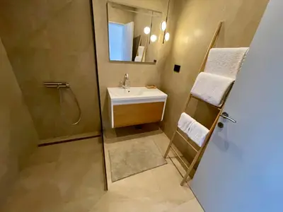a bathroom with a sink and a shower and a mirror at Le petit bonheur in Ulcinj