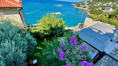 a view of the ocean from a house with purple flowers at Le petit bonheur in Ulcinj