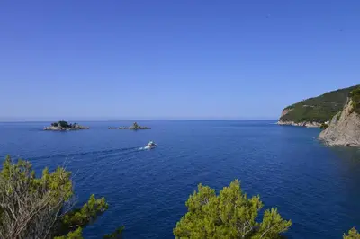 a boat in the middle of a large body of water at Villa Blanca in Petrovac na Moru