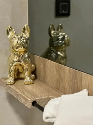 two gold statues of dogs sitting on a mirror at Casa Al Mare Residence Apartment Lena in Budva