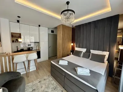 a bedroom with a large bed and a kitchen at Casa Al Mare Residence Apartment Lena in Budva