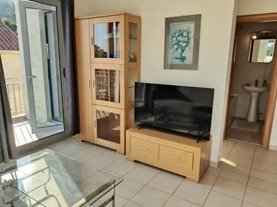 a living room with a flat screen tv and a entertainment center at Good morning Petrovac in Petrovac na Moru
