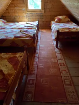 a attic room with two beds and a window at Vikendica in Čanj