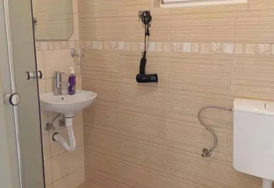 a bathroom with a shower with a sink and a toilet at Villa Roki in Ravanj