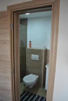 a small bathroom with a toilet and a mirror at Etno house Velje Selo in Bar
