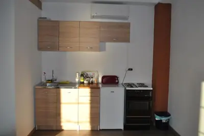 a kitchen with wooden cabinets and a white refrigerator at Etno house Velje Selo in Bar
