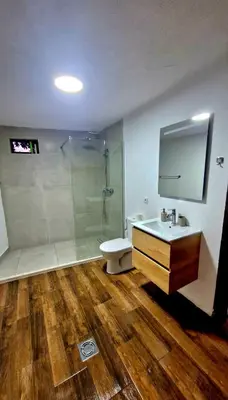 a bathroom with a shower and a toilet and a sink at Etno house Velje Selo in Bar