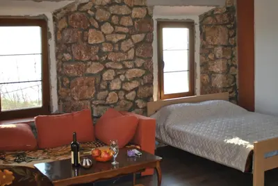 a bedroom with a bed and a couch and a table at Etno house Velje Selo in Bar