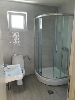 a bathroom with a shower and a toilet and a sink at Apartman Tolosi in Podgorica